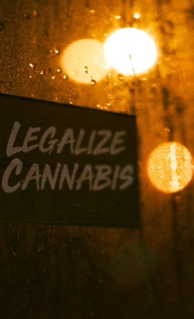 Schild mit der Aufforderung, Cannabis zu legalisieren, vor verschwommenem Hintergrund.